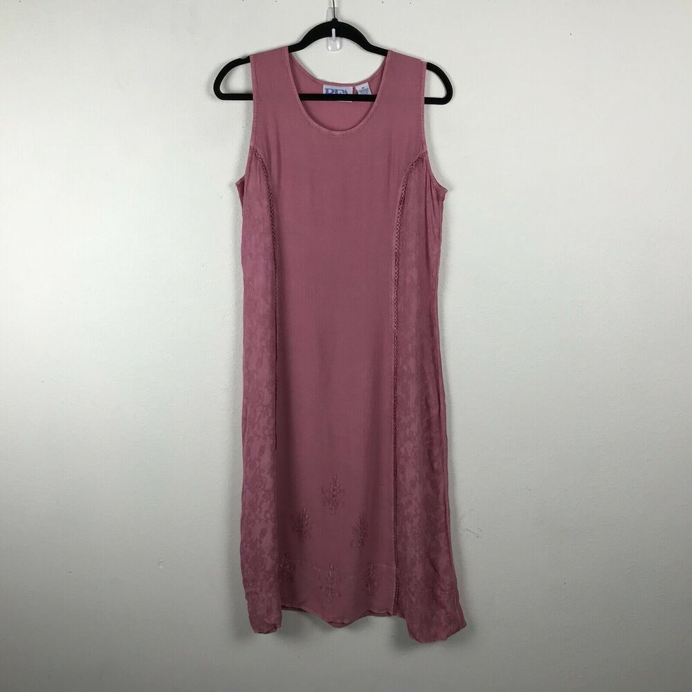 Vintage‎ 1990s BFA Classics Midi Dress Size M Pink Embroidered Sleeveless Rayon